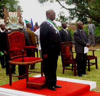 His Excellency President Kabbah at the investiture ceremony at State House with Vice President Berewa to his left