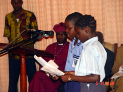 School children making a point at the ceremony